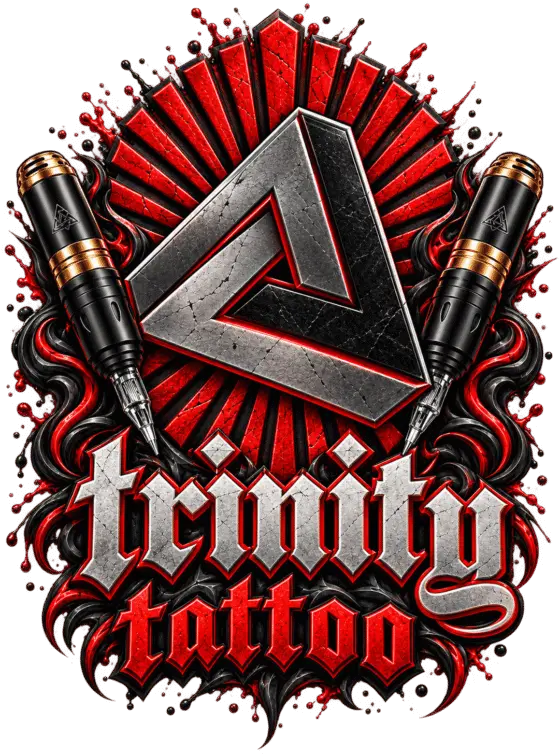 Trinity Tattoo logo with crossed tattoo machines – tattoo studio in Ayia Napa, Cyprus